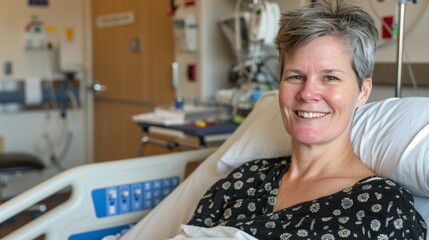 Bald cancer patient in hospital bed, space for text, support in cancer treatment journey