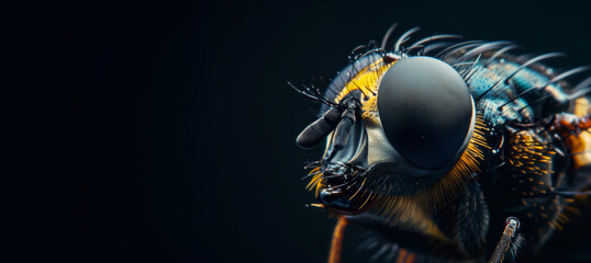 close up of a housefly over a dark background with copy space
