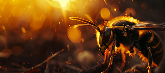 macro of a wasp at sunset with copy space