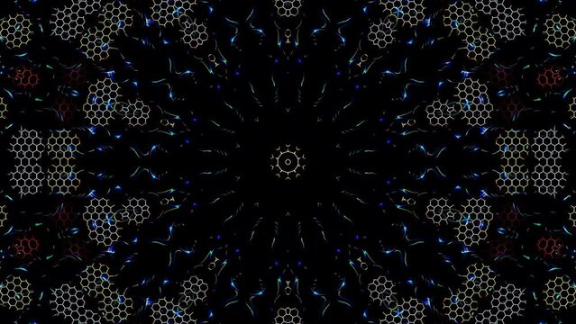 Abstract 3D animation. Curved lines on a black background ,kaleidoscope of color blue lights, seamless circles	