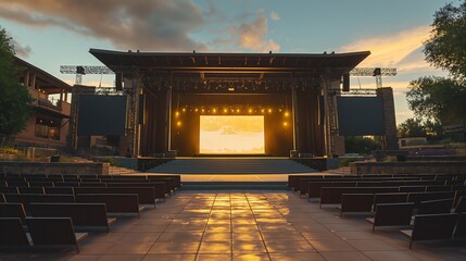 A luxurious outdoor concert stage sits empty, on both sides of the stage, there are two large empty...