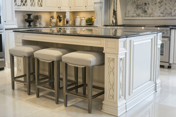 Elegant White Kitchen Interior with a Modern Island and Bar Stools