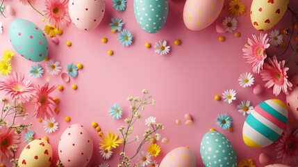 Fototapeta na wymiar Easter decoration. Colorful eggs and floral elements on pink background with copy space. Beautiful colorful easter eggs. Happy Easter. Isolated. 