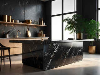 Modern empty dark marble tabletop or kitchen island on blurry bokeh kitchen room interior background design.