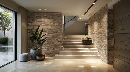 Architectural marvel: A captivating floating staircase against a stunning stone-clad backdrop.
