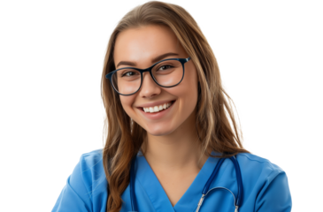 Smiling female doctor in lab coat with arms crossed on transparent background