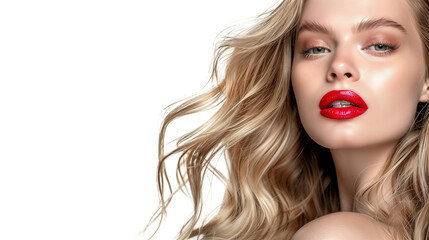 Fototapeta premium Portrait of the blonde woman with long hair and red lips. Fashion model with bright makeup on transparent