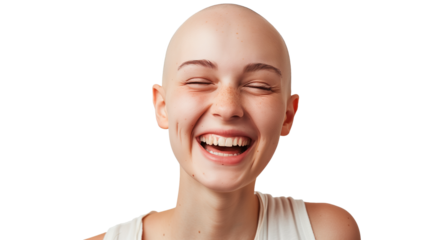 Portrait of a beautiful young hairless woman wearing casual clothes on transparent background, laughing