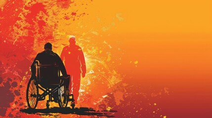 watercolor illustration, World Parkinson's Day, elderly grandfather in a wheelchair, red background, vintage style, copy space, place for text