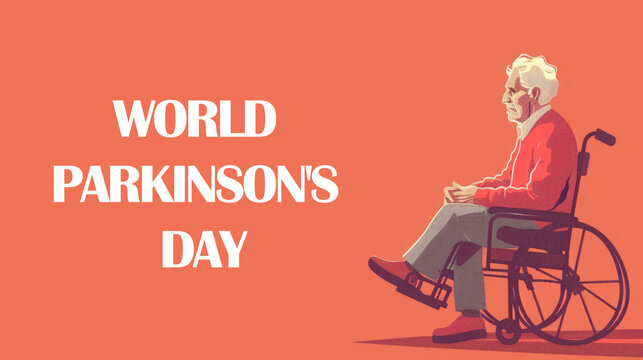 watercolor illustration, World Parkinson's Day, elderly grandfather in a wheelchair, red background, vintage style