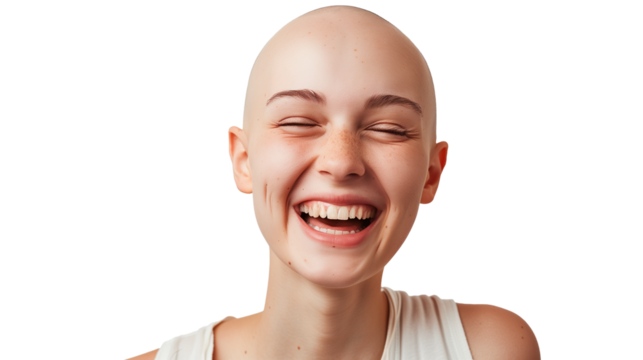 Portrait of a beautiful young hairless woman wearing casual clothes on transparent background, laughing