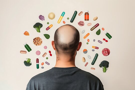 A Man With A Bald Spot On The Top Of His Head, Surrounded By Icons Of Vitamins And Healthy Foods, Emphasizing The Importance Of Nutrient Intake For Hair Health