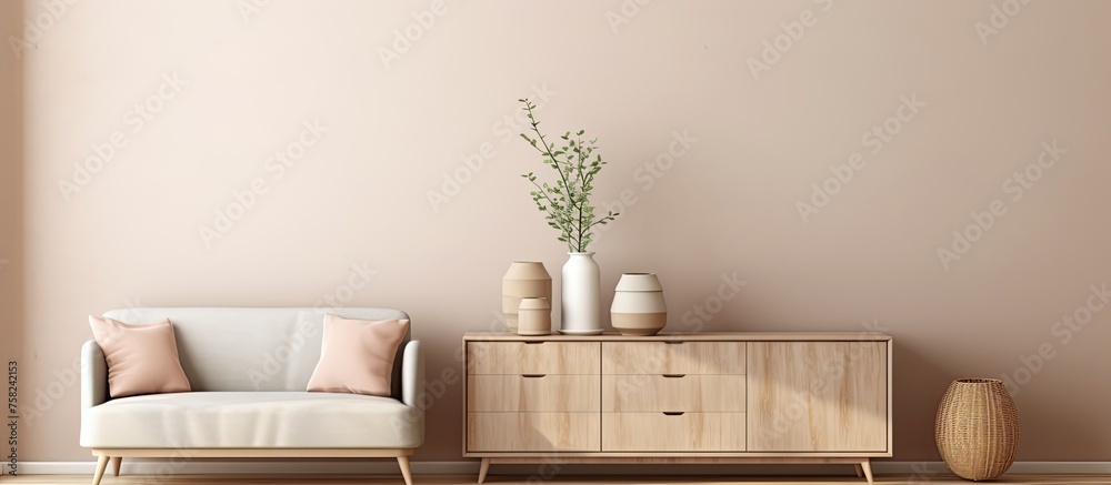 Wall mural the living room is furnished with furniture such as a couch, chair, dresser, and vases. the interior