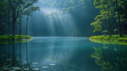 Fototapeta premium dreamlike forest with light ray shine on the lake surface, tranquility scenery nature beauty, peaceful forest background, Generative Ai