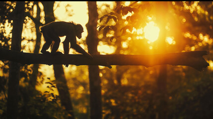 Macaco andando em um tronco de madeira na floresta  - obrazy, fototapety, plakaty