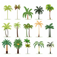 Flat design vector palm trees icon set. Popular palm tree species collection. Palm Trees set in flat design. Vector illustration	