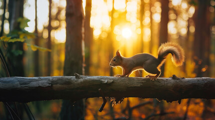Esquilo andando em um tronco de madeira na floresta  - obrazy, fototapety, plakaty