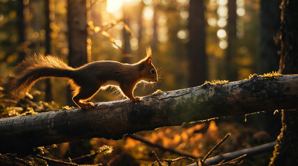 Esquilo andando em um tronco de madeira na floresta  - obrazy, fototapety, plakaty