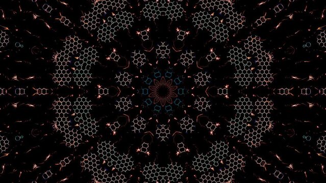 Abstract 3D animation. Curved lines on a black background ,kaleidoscope of color blue lights, seamless circles	