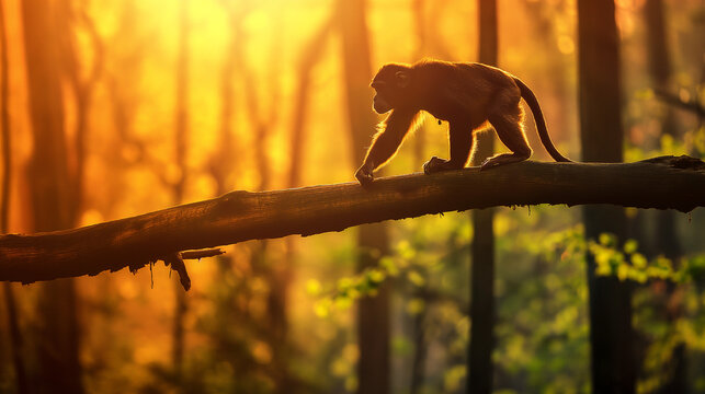 Macaco andando em um tronco de madeira na floresta 