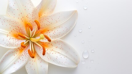 Funeral lily on white surface with ample space for text placement, ideal for memorial messages