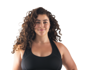 portrait of beautiful chubby african woman going to do sport exercises alone, posing at camera, wearing top and leggins on transparent