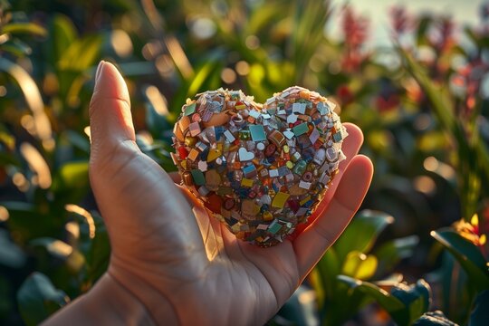 A captivating close-up image of a hand holding a heart-shaped object made from recycled materials, with a backdrop of a flourishing garden, symbolizing love