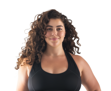 portrait of beautiful chubby african woman going to do sport exercises alone, posing at camera, wearing top and leggins on transparent - Powered by Adobe