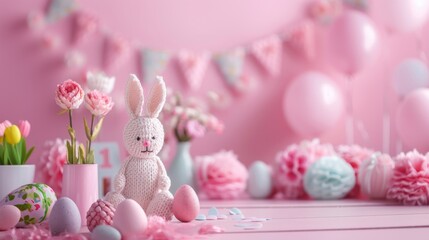 Easter decoration. Colorful eggs and floral elements and white bunny on pink background with copy space. Beautiful colorful easter eggs. Happy Easter. Isolated.	