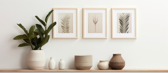 Photo frame on wall with plant for scandinavian interior