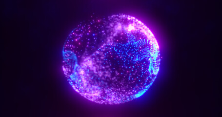 Abstract blue purple glowing digital high-tech futuristic energy plasma sphere with lines and particles on dark black background