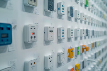 Many power sockets with ethernet plate on white wall indoors.AI generated