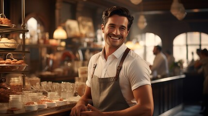 Smiling Bartender Prepares Orders at the Bar

