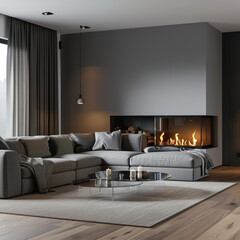 Grey corner sofa by glass fireplace. Minimalist home interior design of modern living room
