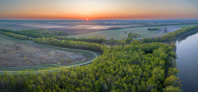 spring sunrise over the Missouri River and Chariton River at Dalton Bottoms - aerial view