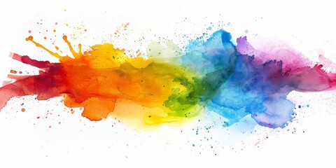 Vibrant watercolor splash in rainbow hues against a white background, symbolizing creativity and diversity.