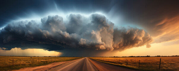 Thunder super storm or tornado on road. - obrazy, fototapety, plakaty