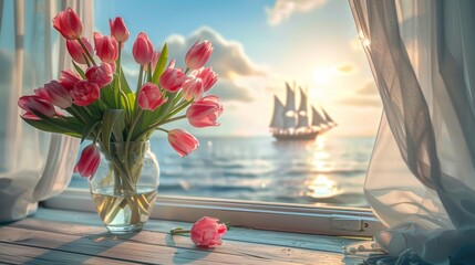Vibrant pink tulips in transparent vase on window sill with soft curtain and sea background. Springtime holidays concept for postcard, banner design - obrazy, fototapety, plakaty