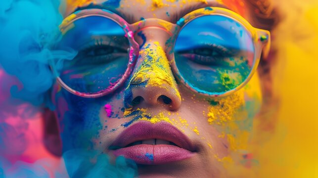 Close-up of woman with vibrant powder paint on face and pink sunglasses. Color explosion concept. Creative makeup and fashion photography for poster, wallpaper, banner design