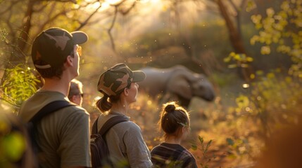 Awe-inspired group observes a majestic rhinoceros in golden hour light, a moment of reverence for wildlife within its natural habitat