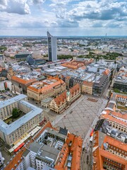 The drone aerial view of old town hall and the Market square, Leipzig, Germany. The Old Town Hall...