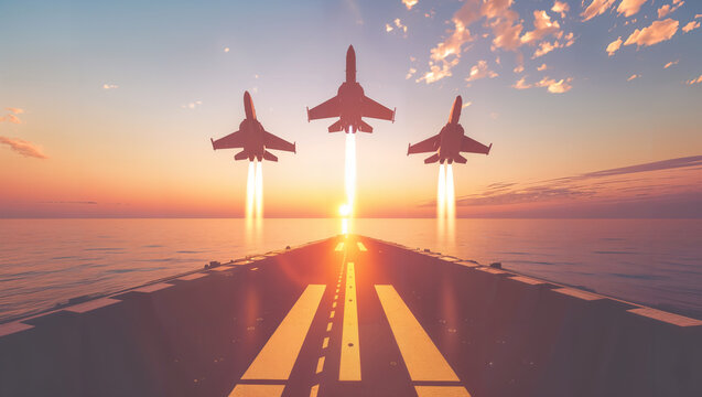 Three fighter jets take off directly from an aircraft carrier at sunset.
