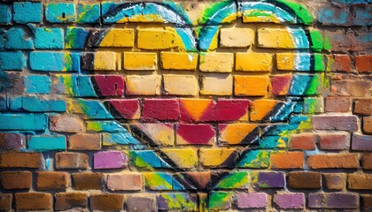 Colorful graffiti heart on the brick wall as a love symbol