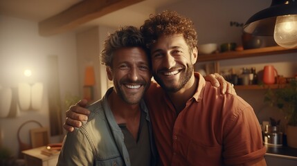 Smiling Homosexual Couple Hugging and Looking

 - obrazy, fototapety, plakaty