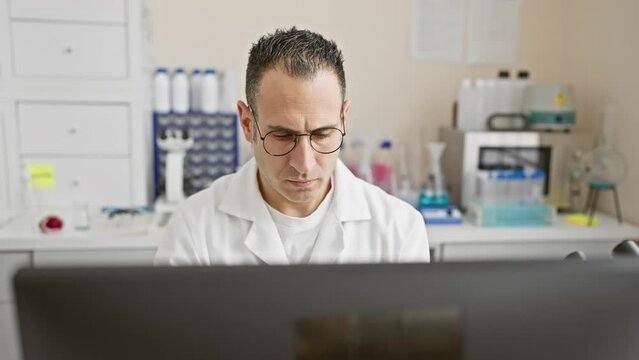 Serious man in lab coat using computer in a research laboratory setting, conveying innovation and concentration.