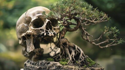 Skull with bonsai tree symbolizing life from death. Dark surrealism and nature concept. Design for artistic expression and philosophical themes in interior decoration