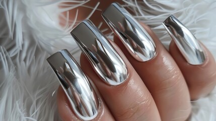 Chrome mirror nail manicure. Close-up of reflective metallic fingernails on white feather background. Beauty and fashion concept. Design for nail salon poster, beauty blog banner