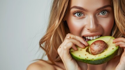 Woman biting an avocado half with pit. Close-up studio portrait with natural makeup. Healthy eating...