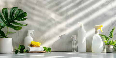 Set of eco friendly natural cleaning products, bamboo brush, spray bottle on background with copy...
