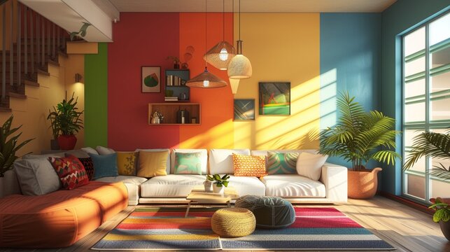 Generative AI image of interior design of spacious multicolored walls living room with laminated floor and decorative hanging lamps, sofa and plant